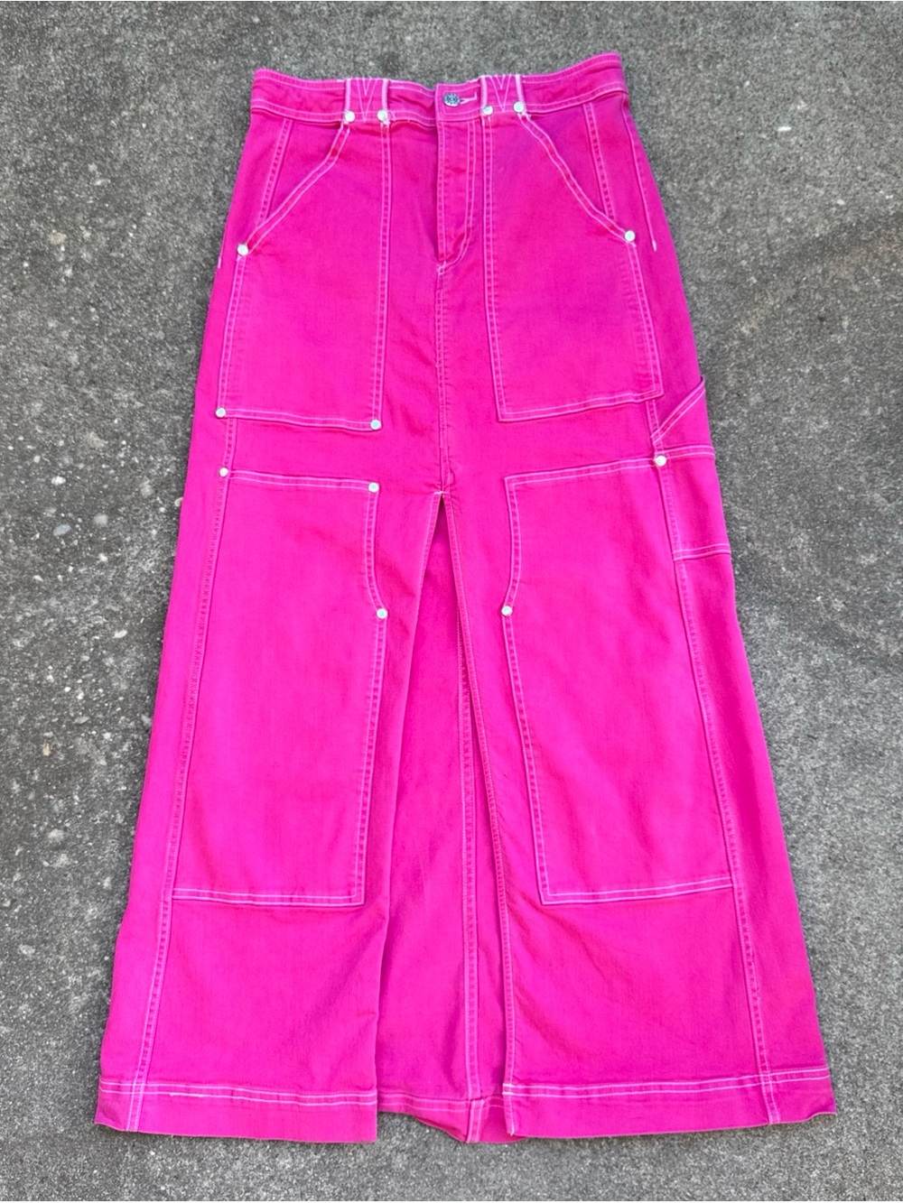 Anthropologie Pilcro Carpenter Maxi Skirt Denim Pockets Front Slit Pink Size 6